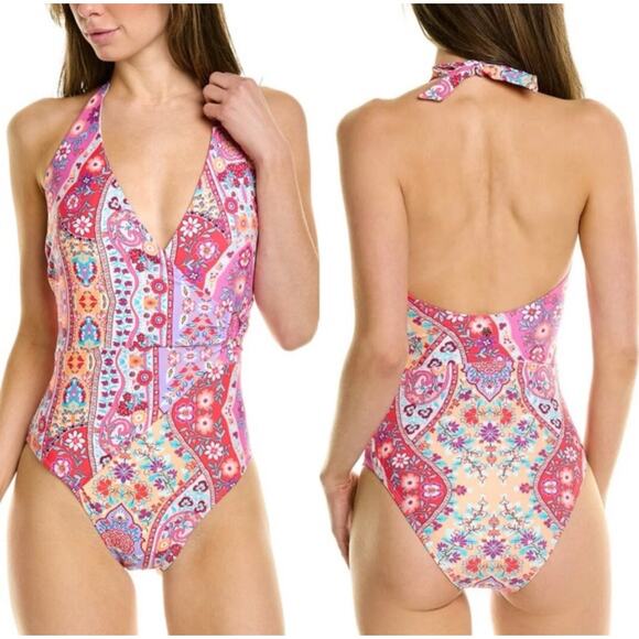 Nanette Lepore One Piece Swimsuit Floral Wrap Halter Size 12 - Picture 1 of 8